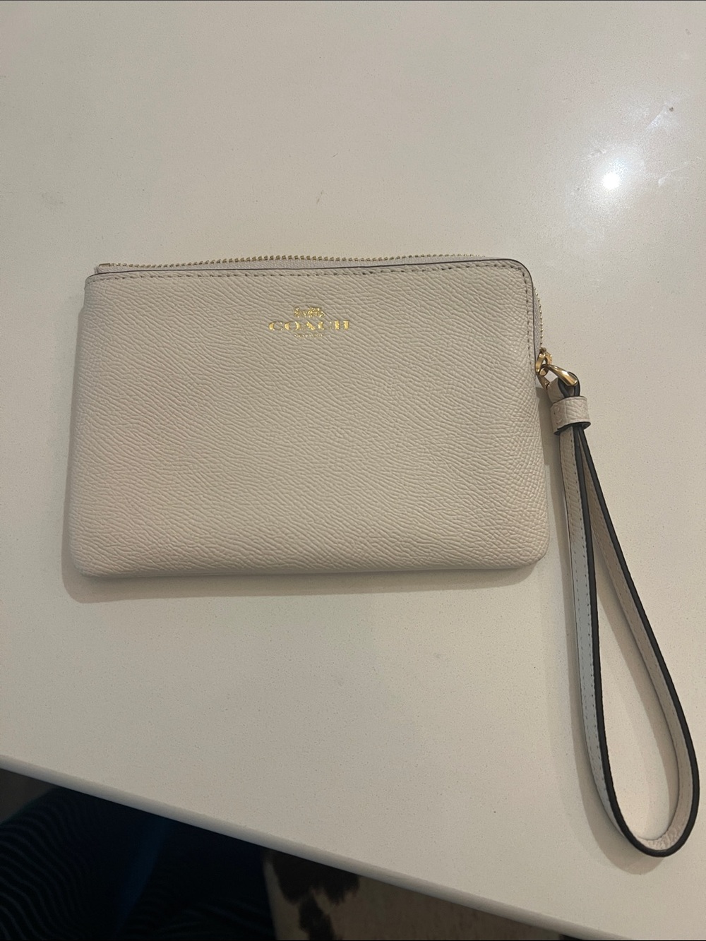 Coach Chalk Pebbled Leather Corner Zip Wristlet with Gold Logo